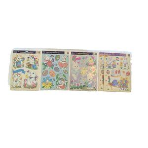 5 Vintage Easter Vinyl Window Clings Spring Bunny Flowers Eggs Rooster Chicks